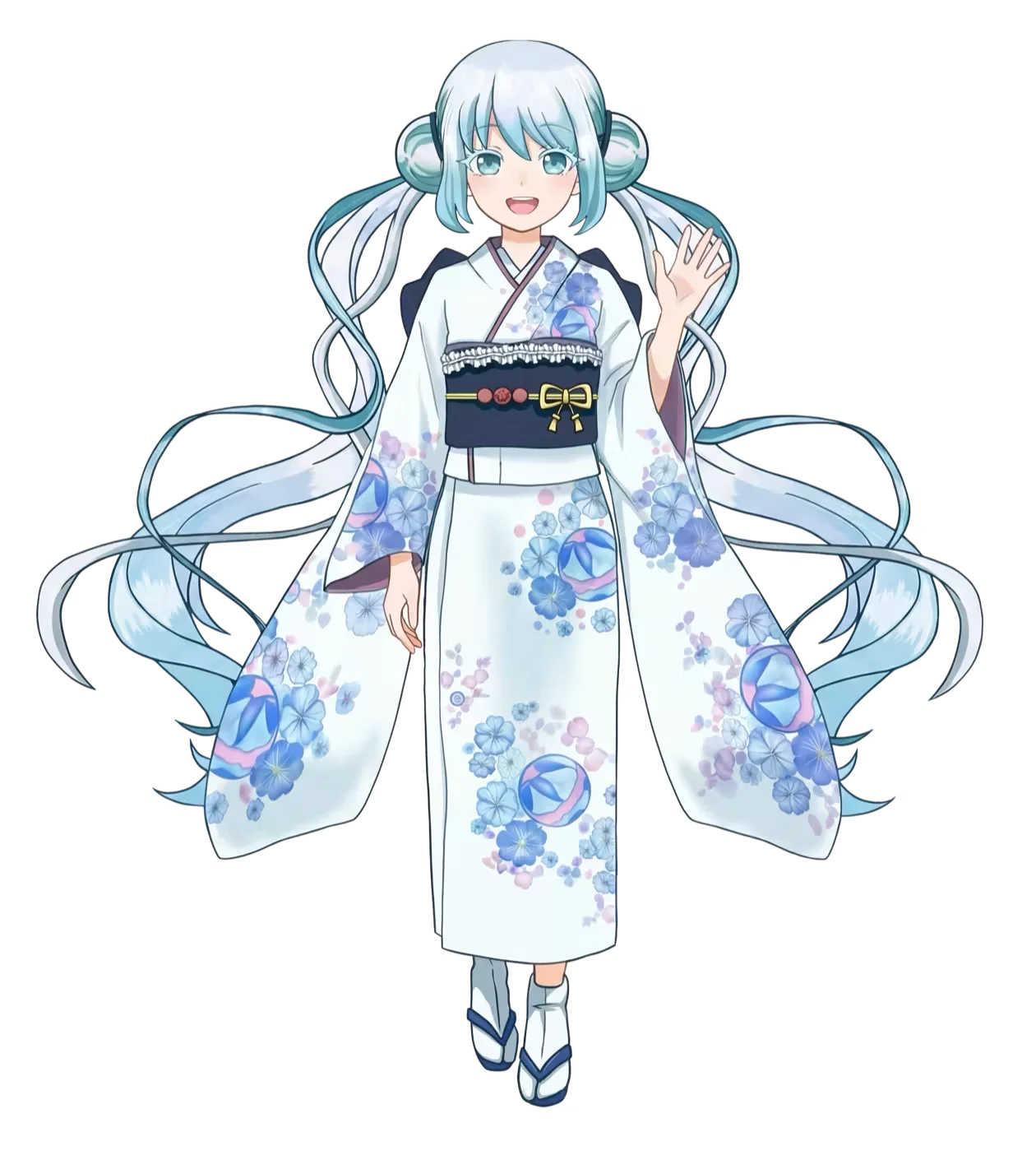 手を振ってあいさつする、着物姿の日本語の先生イザナ