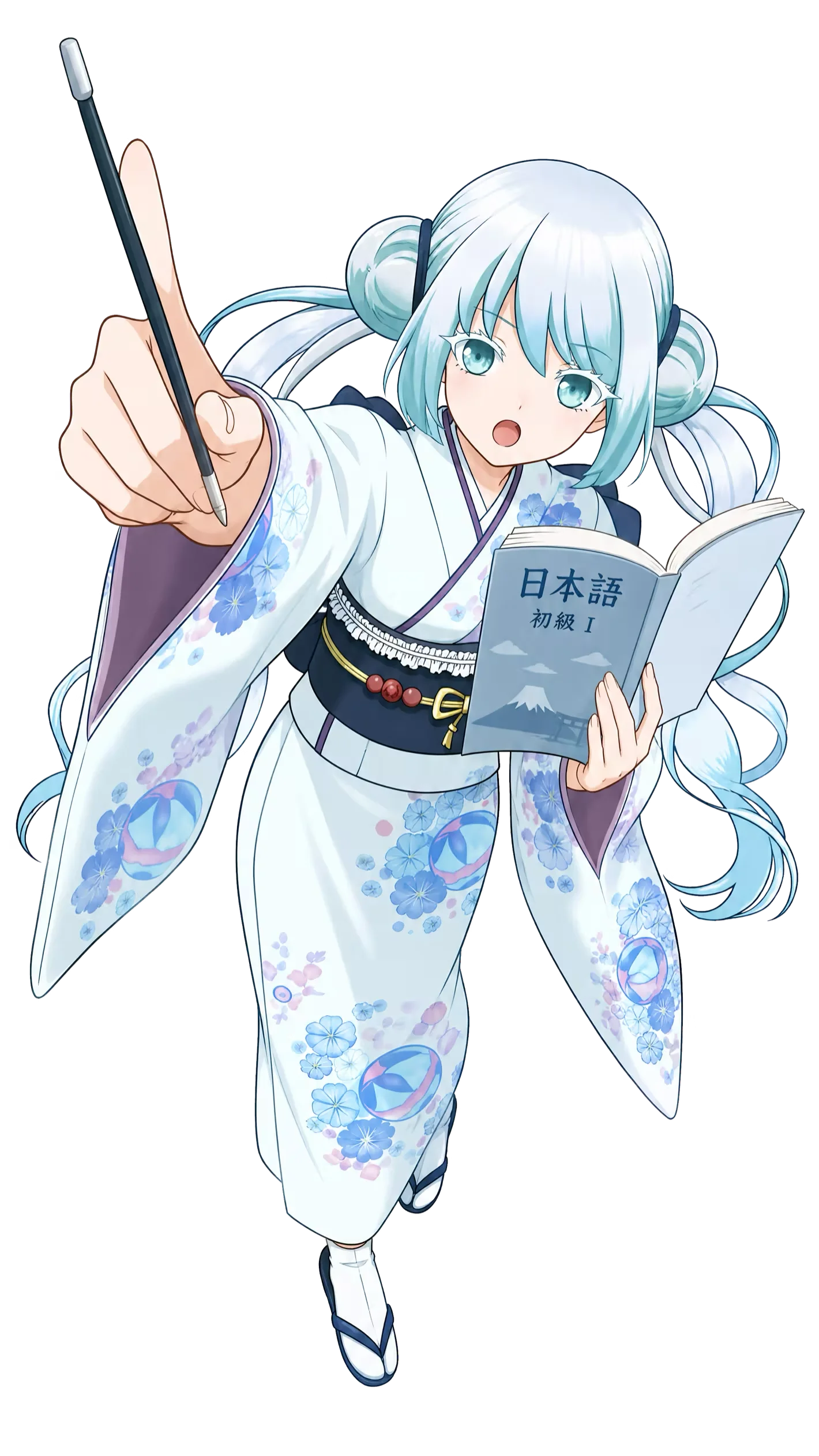 指し棒を持って前を指す、着物姿の日本語の先生イザナ